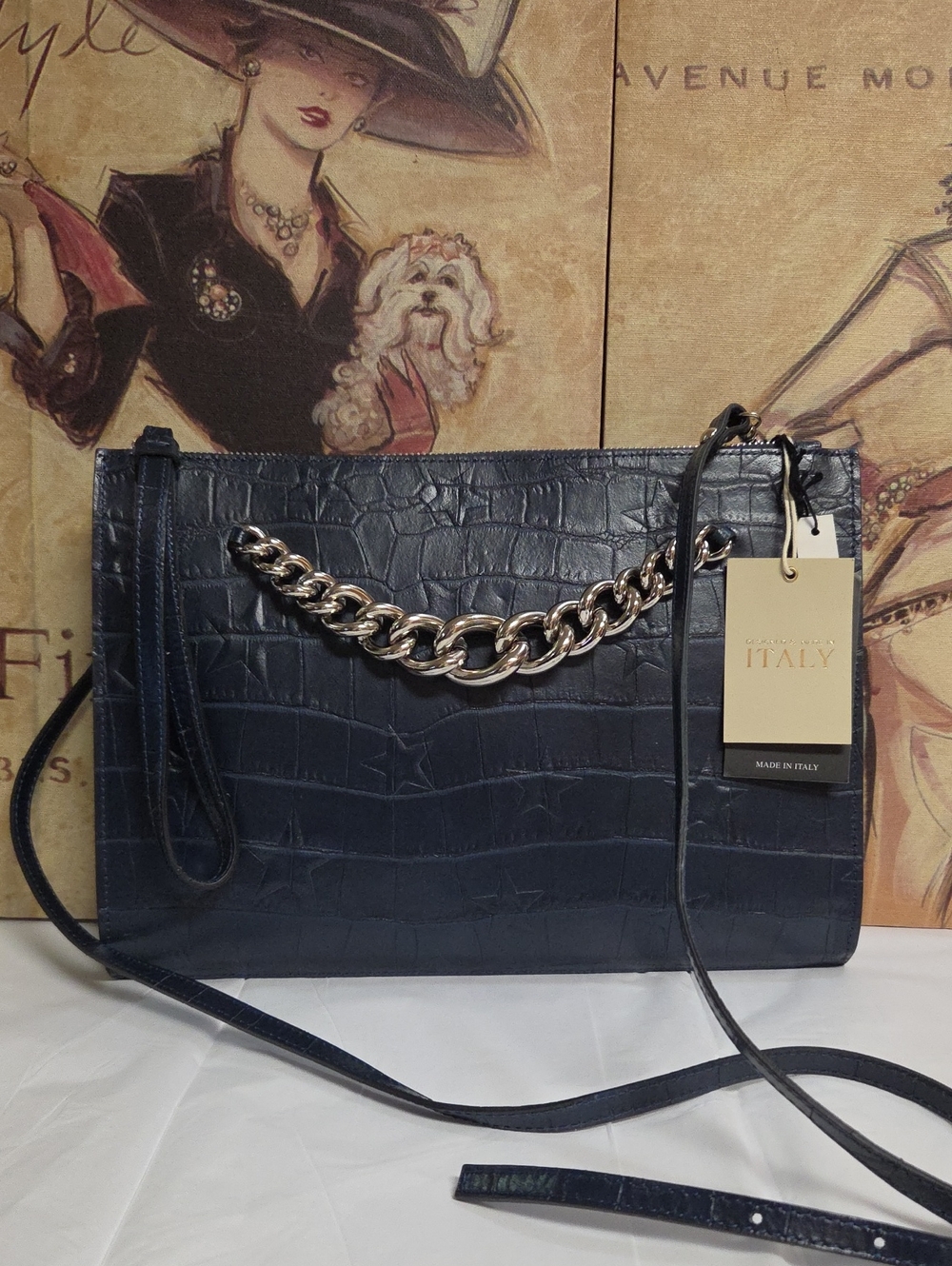 CLAUDIA Firenze Italy  Croc-Embossed Navy Leather Crossbody Bag/Clutch
